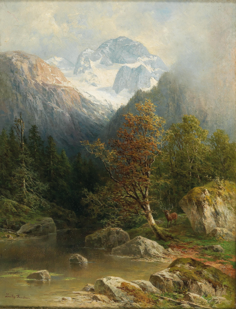 Stag by a Stream, the Dachstein in the background, Luitpold Faustner, by 1925