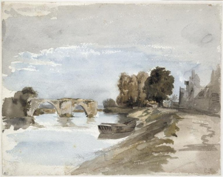 Delacroix - Paysage une rivière avec une barque et deux arches d'un pont en ruine, RF 32261, Recto, Eugène Delacroix