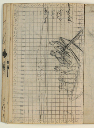 Composition draft for Blicher's short story "The Wine Merchant and the Gentleman", p. 201 - Kaj Lykke, Jens Bang's wife and foster daughter is ferried across the Limfjord, squared with notes, Niels Larsen Stevns
