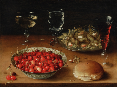 Still Life with Cherries in a Wanli Porcelain Bowl, Hazelnuts on a Pewter Platter, and Three façon-de-Venice Wine Glasses, Osias Beert, between 1605 and 1610