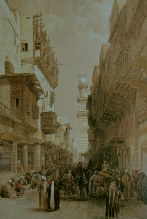 Bazaar in the street leading to the Mosque El Moo-Ristan, Cairo, David Roberts, 1838