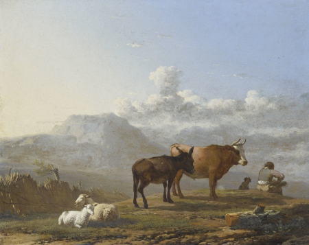 A Herdsman with an Ox, an Ass and Sheep in the Campagna, Karel Dujardin, between 1661 and 1664