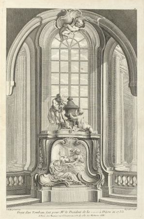 Ontwerp voor een grafmonument Projet d'un tombeau fait pour mr le président de la a Dijon en 1733 (titel op object) Oeuvre de Juste Aurele Meissonnier (serietitel), RP-P-1998-343, between 1738 and 1749