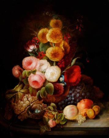 Still Life of Mixed Flowers in a Vase, with Fruit, Insects and a Bird's Nest with Eggs, James Stewart