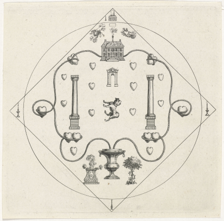 Vignet met hond en harten, RP-P-OB-50.832, Simon Fokke, between 1722 and 1784