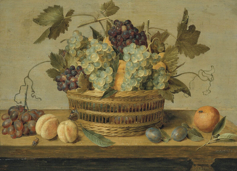 Nectarines and grapes in a basket on a table, with plums, oranges, a butterfly and a beetle, Jacob van Hulsdonck, between 1608 and 1647