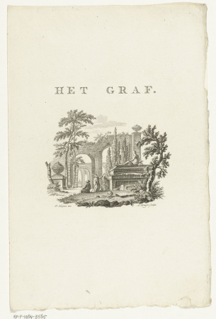 Vignet met begraafplaats met monumentale grafmonumenten Het graf (titel op object), RP-P-1964-3565, Leendert Brasser, between 1727 and 1793
