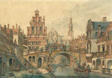 A capriccio view in Utrecht, with a smartlap performer on a bridge, Jan Hendrik Verheijen