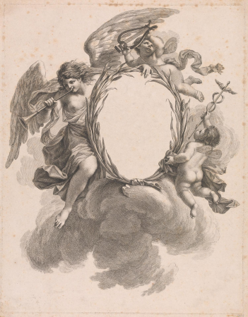 Vignette with Putti carrying Hermes Staff and Lyre and Angel blowing Trumpet, Three Muses, Francesco Bartolozzi