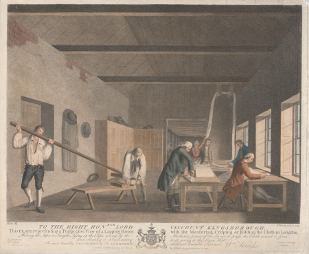 Plate XI: A Perspective View of a Lapping Room, with the Measuring, Crisping or Folding the Cloth in Lengths, Picking the Laps or Lengths, Tying the Clips, acting by the Mechanic power of the Laver to, William Hincks, 1791