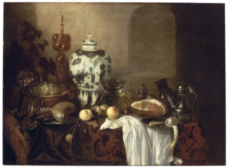 Still life with Ming vase, two goblets, pewter vessels and fruit, Cornelis Kruys, circa before 1654