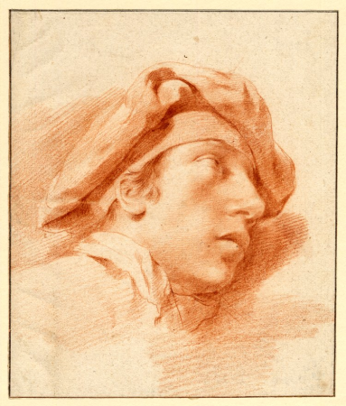 Head of a young man looking up, almost in profile to r, wearing a soft cap close over his brow, possibly a self-portrait, Dirck Helmbreker, between 1653 and 1696