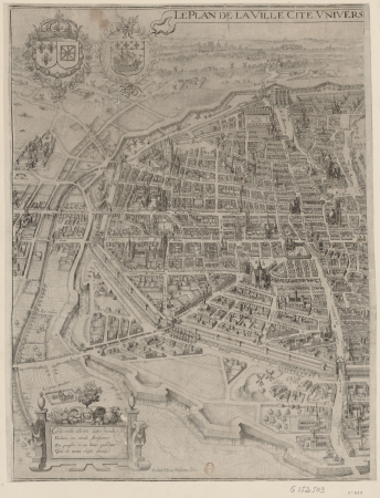The plan of the city, town, university and suburbs of Paris, with a description of its antiquity and singularities: large print in two plates: [print], 1615