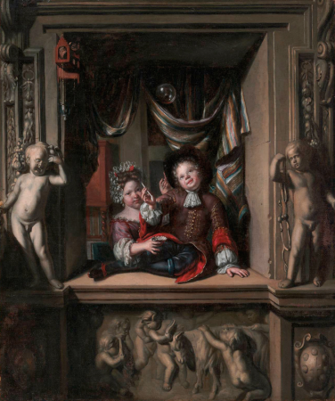 Boy and girl blowing soap bubbles, by Matthijs Naiveu, from 1667 until 1726