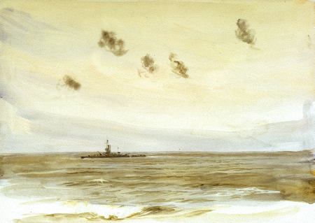An 'Insect'-class gunboat with shells exploding overhead RMG PV0076, William Lionel Wyllie, 1914