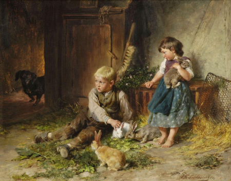 Girl and boy with rabbit in the stable, Felix Schlesinger