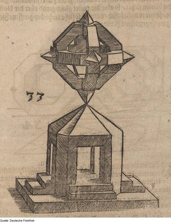 Group of assembled polyhedra in central perspective with base, 1618