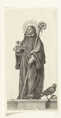 Heilige Benedictus als abt met kromstaf en gebroken kelk en raaf met brood S. Benedictvs (titel op object), RP-P-BI-504, Abraham van Diepenbeeck, between 1623 and 1660