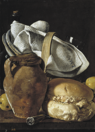 Still life with a jug, bread and a basket of tableware, Luis Egidio Meléndez