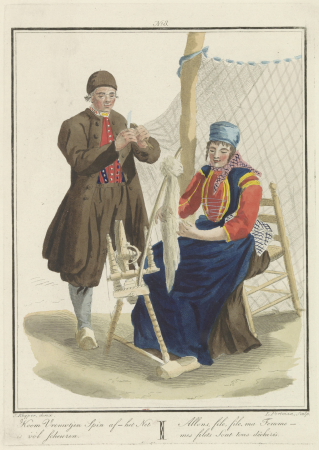 Vissersechtpaar uit Schokland Koom Vrouwtjen Spin af - het Net is vol scheuren Allons, file, file, ma Femme - mes fliets Sont tous déchirés (titel op object), BI-B-FM-108-8, Jan Willem Pieneman, 1804 en/of 1829