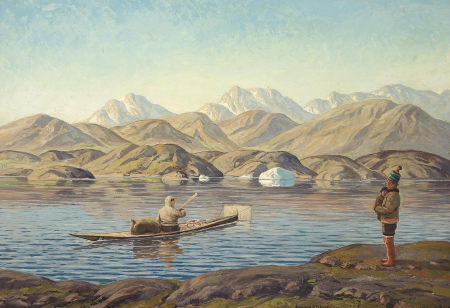 A fiord in Greenland with an inuit in a kayak., Emanuel Petersen, between 1921 and 1948
