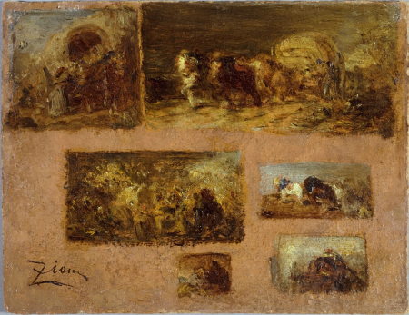 Panel of six studies of a cart (on the front); Landscape (on the back), Félix Ziem, between 1843 and 1844