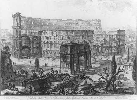 View of the Arch of Constantine and the Flavian Amphitheater known as the Colosseum, Giovanni Battista Piranesi, between 1748 and 1778