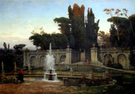 Monumental fountain in the park of an Italian villa, whose sunlit crown is visible through the trees, Christian Wilberg
