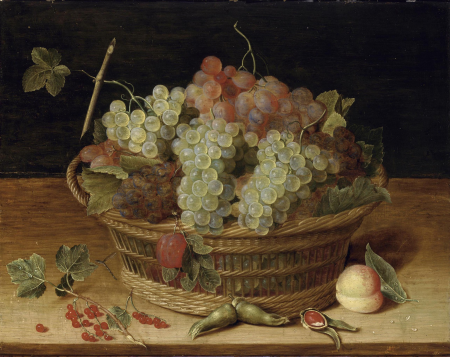 A still life with blue and white grapes in a basket, together with red currants, hazelnuts and a peach, all on a wooden ledge, Isaak Soreau