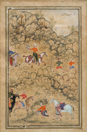 Hunting with falcons in a landscape; Verso: Calligraphy of Chaghatai Turkish poems in praise of wine, Sultan Muhammad Nur (Persian, c. 1472–1536) and Mirza Muhammad (probably Persian, active c. 1520s), Abd al-Samad