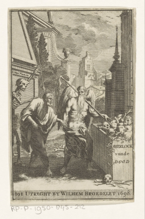 Allegorische voorstelling met de Dood, Vader Tijd en een oude man Sherlock van de dood (titel op object), RP-P-1950-845-212, Jan van Vianen, 1698