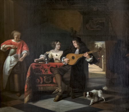 Merry Company with a mandolin and a dog, Pieter de Hooch, between 1673 and 1675