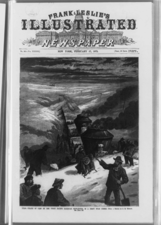 Utah - trains of cars of the Union Pacific Railroad snow-bound in a drift near Ogden - from a sketch by J.B. Schultz. LCCN96503270, Frank Leslie, 1872
