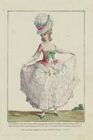 Pretty Dancer dressed in a pleated Caraco with a low-cut gorget of golden Italian taffeta, with a flowered linen apron similar to the trim of the Caraco; the rosette bows and rose-colored ribbons., Claude Louis Desrais, 1779
