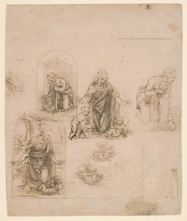 Compositional Sketches for the Virgin Adoring the Christ Child, with and without the Infant St. John the Baptist; Diagram of a Perspectival Projection (recto); Slight Doodles (verso), Leonardo da Vinci, 1480–85