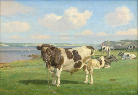 Holstein cattle on a meadow near an inlet., Rasmus Christiansen, between 1881 and 1940