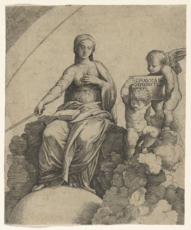 A personification of Philosophy sitting on clouds with her feet resting on a globe, two putti at right holding a tablet, Marcantonio Raimondi, circa 1510–15