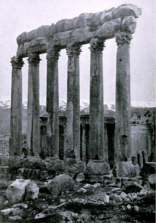 Columns of the Temple of Jupiter, the Temple of Bacchus, and the Snow-Capped Range of Anti-Lebanon, Baalbec, 1910