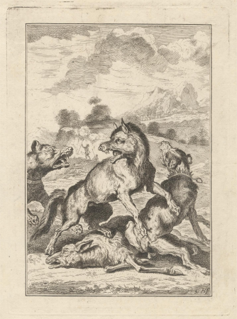 Two hunting dogs, a wolf and a sheep, a Pl. for 'A New Drawing Book.of Beasts in Various Actions' (1 of 9), George Bickham the Elder
