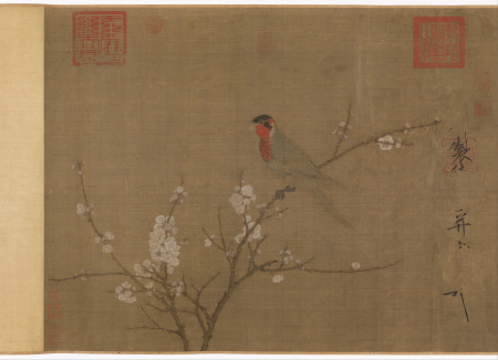 Five-colored parakeet on a blossoming apricot tree, Emperor Huizong of Song, between 1110 and 1119