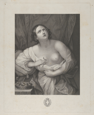 Cleopatra looking upwards while holding an asp in her right hand and clutching at her stomach with her left, a bowl of figs at left, after Reni, Guido Reni, circa 1796–1861