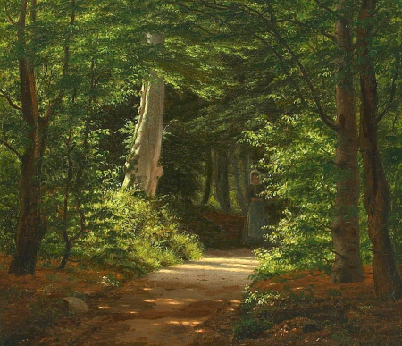 A forest view with a woman on a path., Vilhelm Groth, 1869