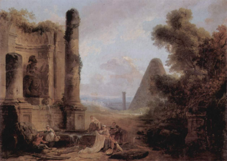 Fantasy view of the Pyramid of Cestius on a temple ruin, Hubert Robert, 1760-1770
