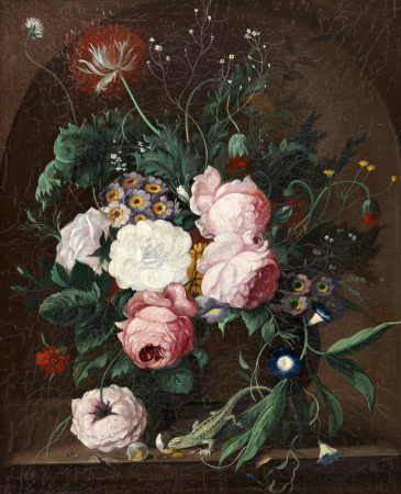 A still life of flowers with a lizard on a stone ledge, Franz Xaver Petter