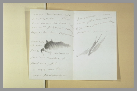 Manet - Lettre à Isabelle Lemonnier décorée d'un chat lapant, et d'une hirondelle, RF 11182, Verso, Édouard Manet