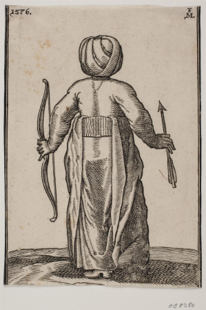Standing archer, rear view; in v. hand a bow, in h. hand an arrow, Melchior Lorck, 1576
