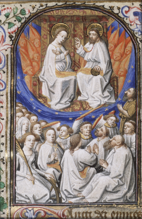 Christ and Mary enthroned in heaven with saints (All Saints) - miniature from folio 083rfrom the Book of Hours of Simon de Varie - KB 74 G37a, 1455