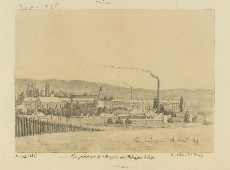 Hospices d'Enghein. 2 dessins Vue générale de l'Hospice des ménages à Issy. D.8021(820)(2), En 04–1864