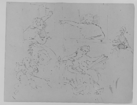 Two Sketches of Females Looking out of a Window; Seated Female; Mother Playing with Child; Seated Male and Female Looking at a Book (from Sketchbook), Thomas Sully, 1810–20