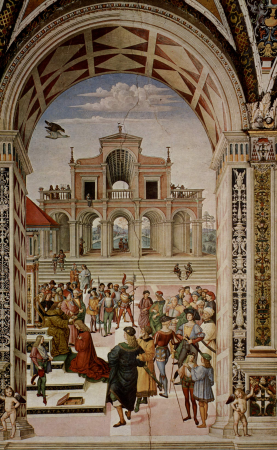 Fresco cycle on the life and deeds of Enea Silvio Piccolomini, Pope Pius II in the cathedral library in Siena, scene: Coronation of Piccolomini by Frederick III. to the poet, Pinturicchio, 1502-1507